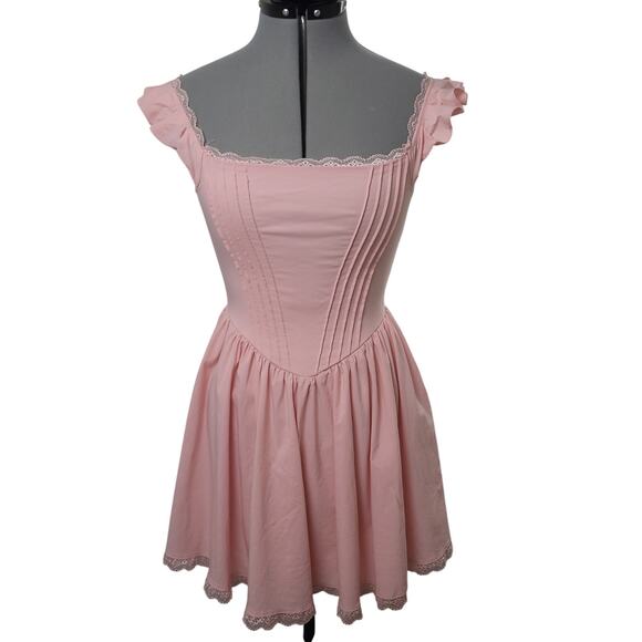 Pink Milkmaid Dress Womens XS Cottagecore Off-Shoulder Puff Sleeve Lace Trim - Picture 1 of 16